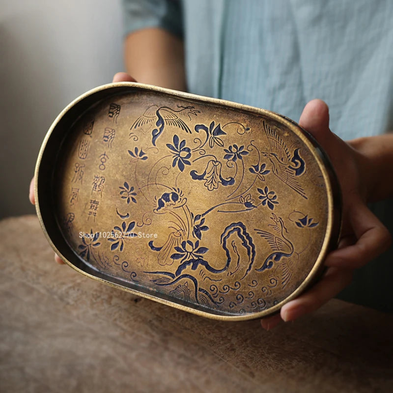 plateau thé ancien cuivre ornements floraux bleu doré storage théière tasses porcelain
