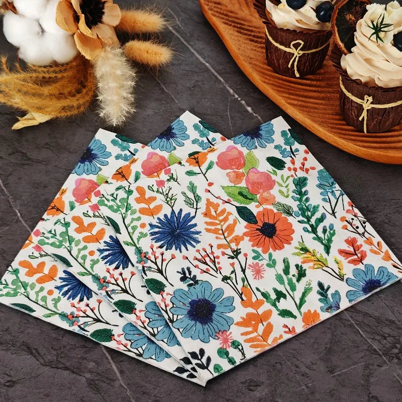 serviettes papier fleur bleue rose verte motifs floraux bohème champêtre pack 10pcs 20pcs
