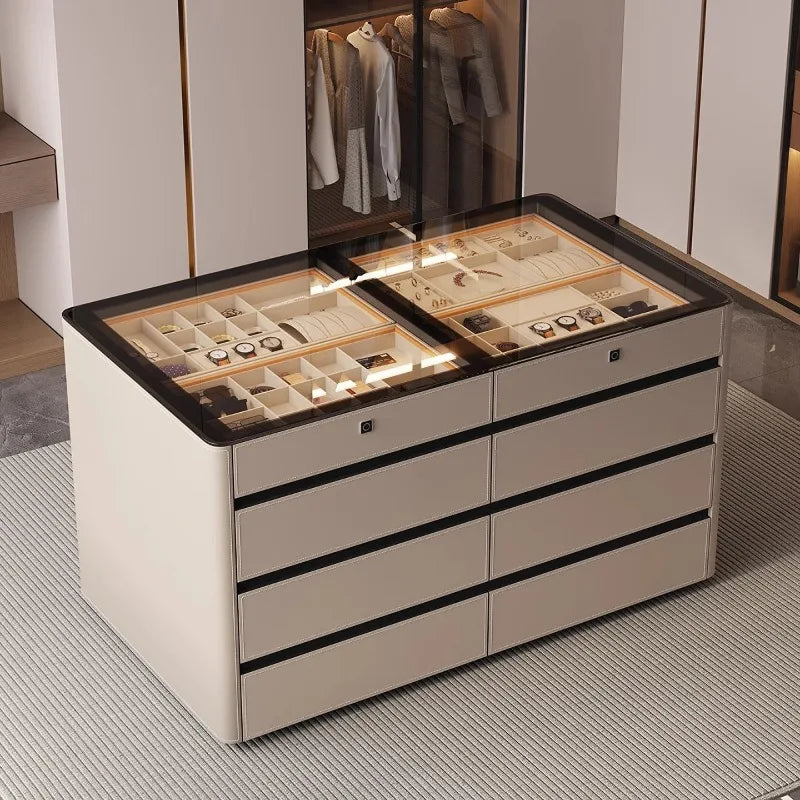 meuble salon armoire tiroirs beige noir poignées modernes minimaliste materiaux saddle skin verre assemblage