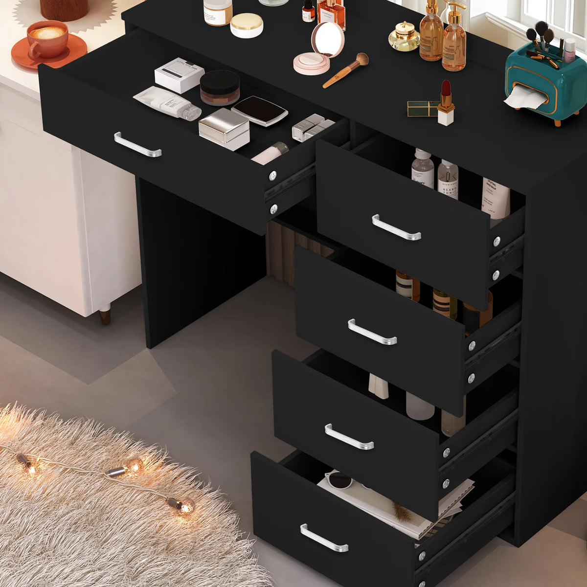 coiffeuse moderne miroir led noir rose décoration fleurs tiroirs poignées argentées