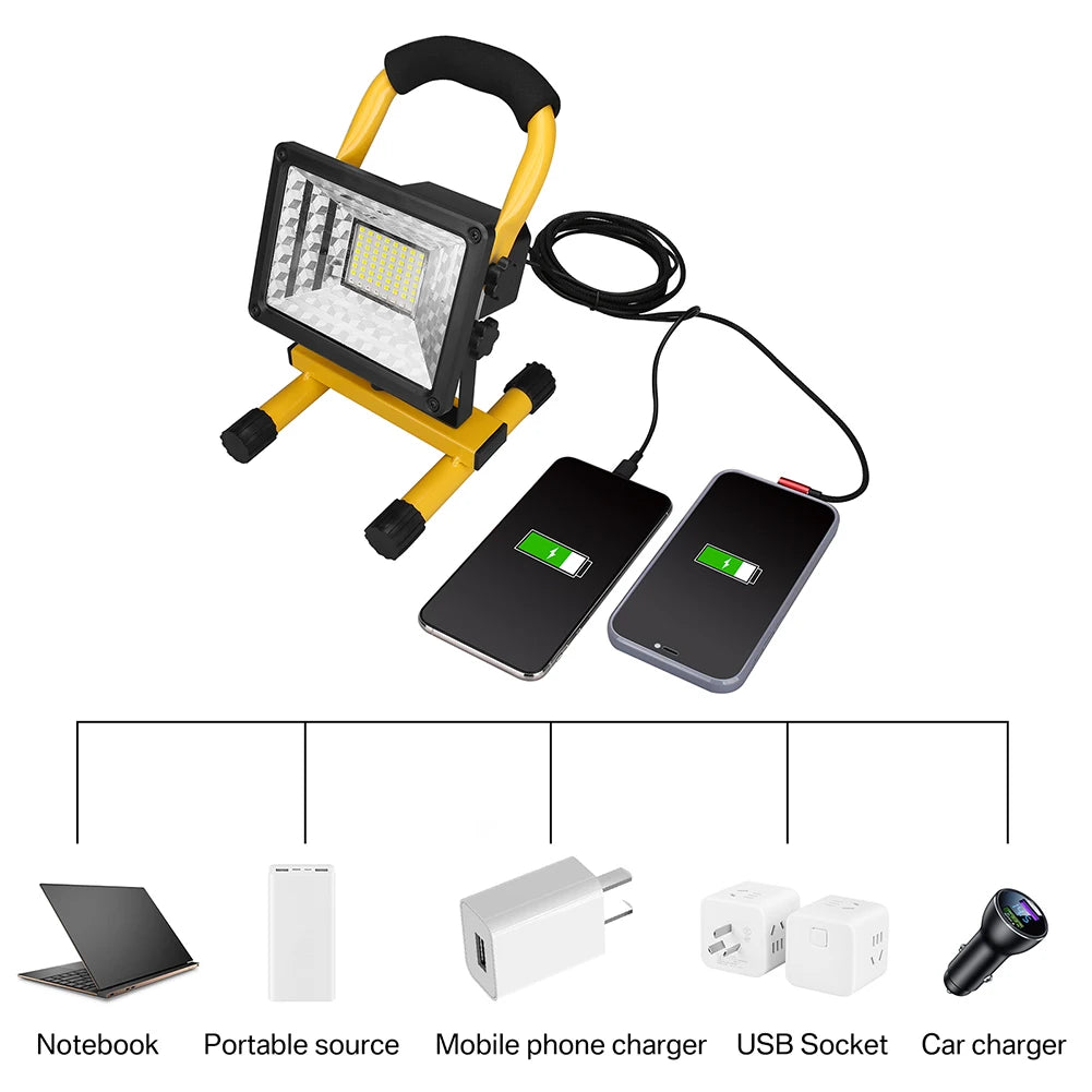 lampe travail led portative rechargeable 60w jaune noir moderne support poignée amovible