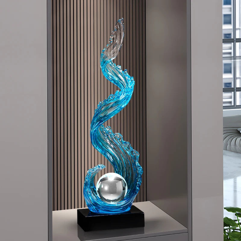 sculpture résine bleue vague moderne décoration intérieure entrée salon cadeau anniversaire nouvel an