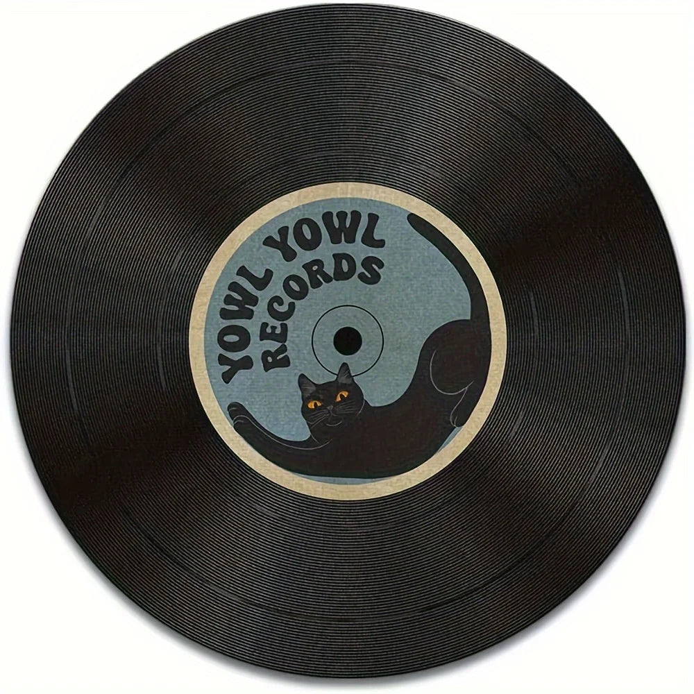 tapis souris rond imitation vinyle chat noir deco musicale antidérapant caoutchouc noir bleu beige