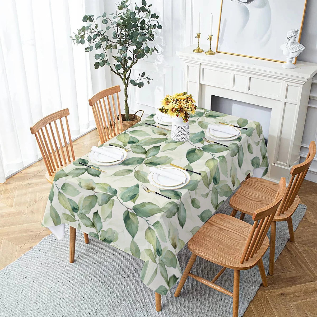 nappe table rectangulaire motif feuilles tropicales vertes fond blanc décoration mariage fête maison