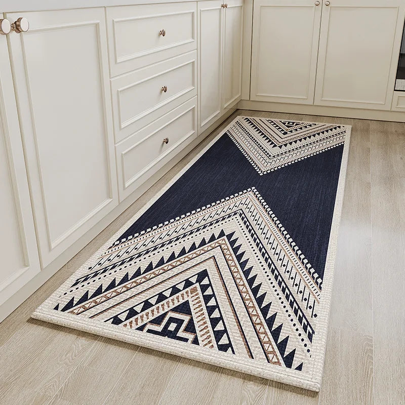 tapis sol cuisine entrée moderne motif géométrique bleu marine beige fibre bambou antidérapant