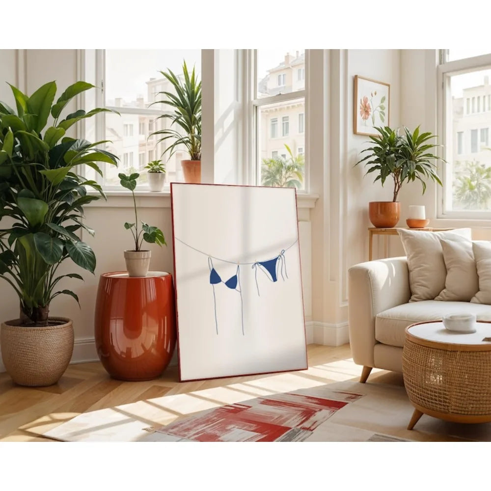 toile art mural décor salle bain bikini bleu texte dolce vita côtier