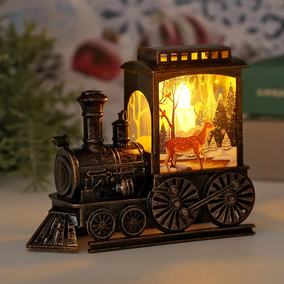 lampe décorative vintage locomotive noire personnages noël arbre flocons đèn trang trí