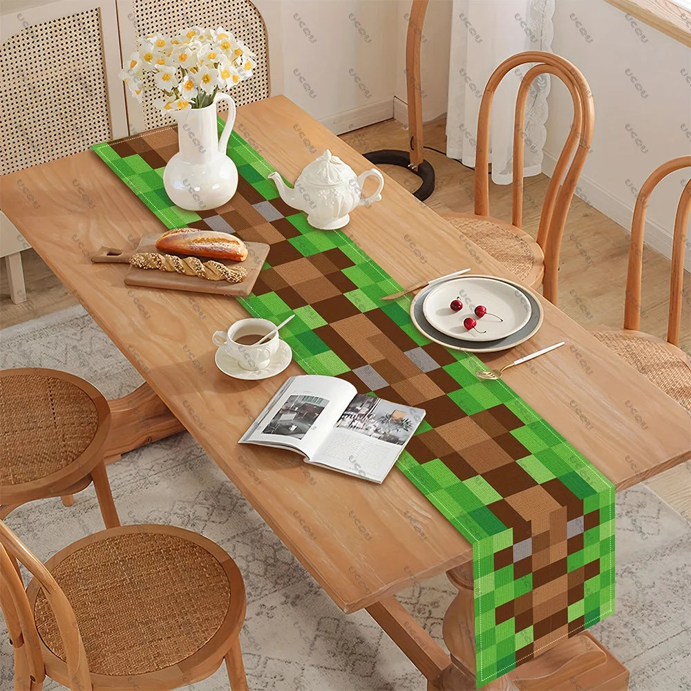 chambre coucher salon chemin table carreaux géométriques moderne vert marron gris decoration tissu