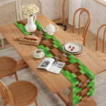chambre coucher salon chemin table carreaux géométriques moderne vert marron gris decoration tissu