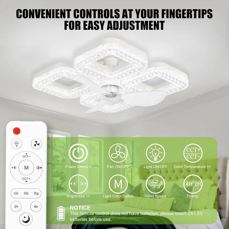 ventilateur lampe led blanc cristaux moderne télécommande 3000k 6500k 3vitesses minuterie