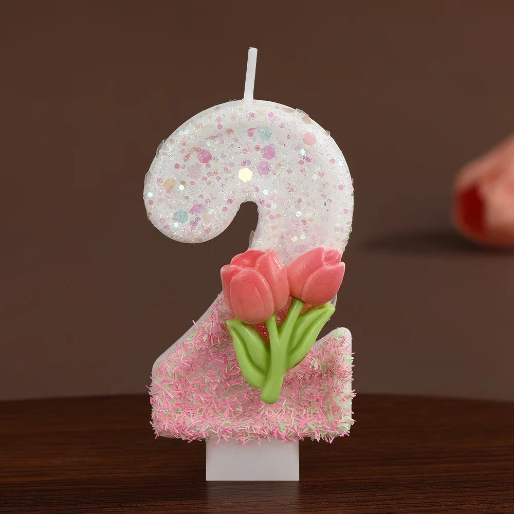 bougies forme chiffres blanc rose vert paillettes fleurs roses feuilles vertes festive tringle boîte