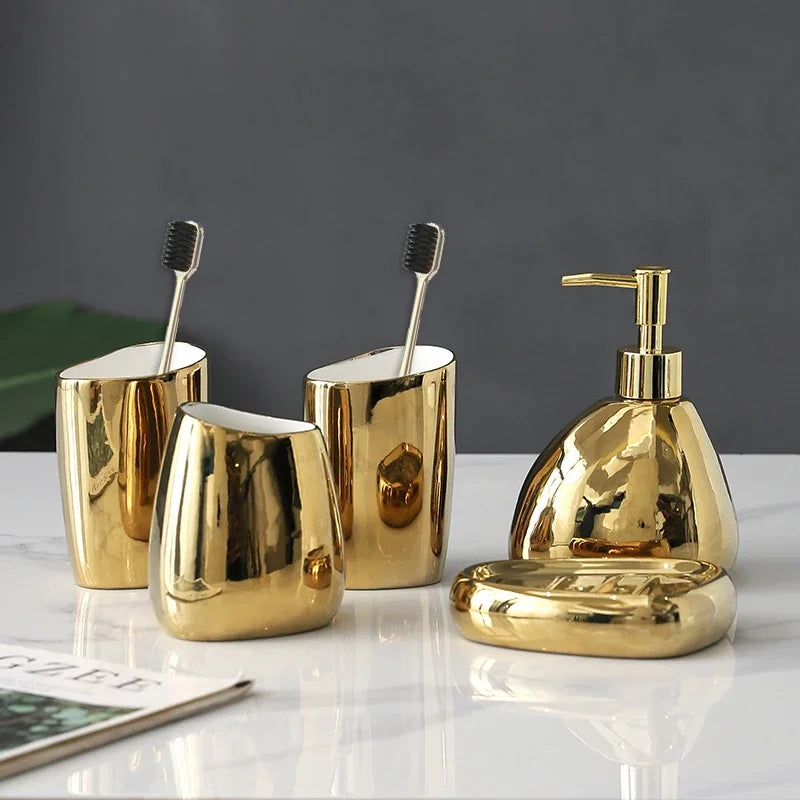 accessoires salle bain ensemble moderne or argent blanc céramique tasse brosse dentifrice savon crème