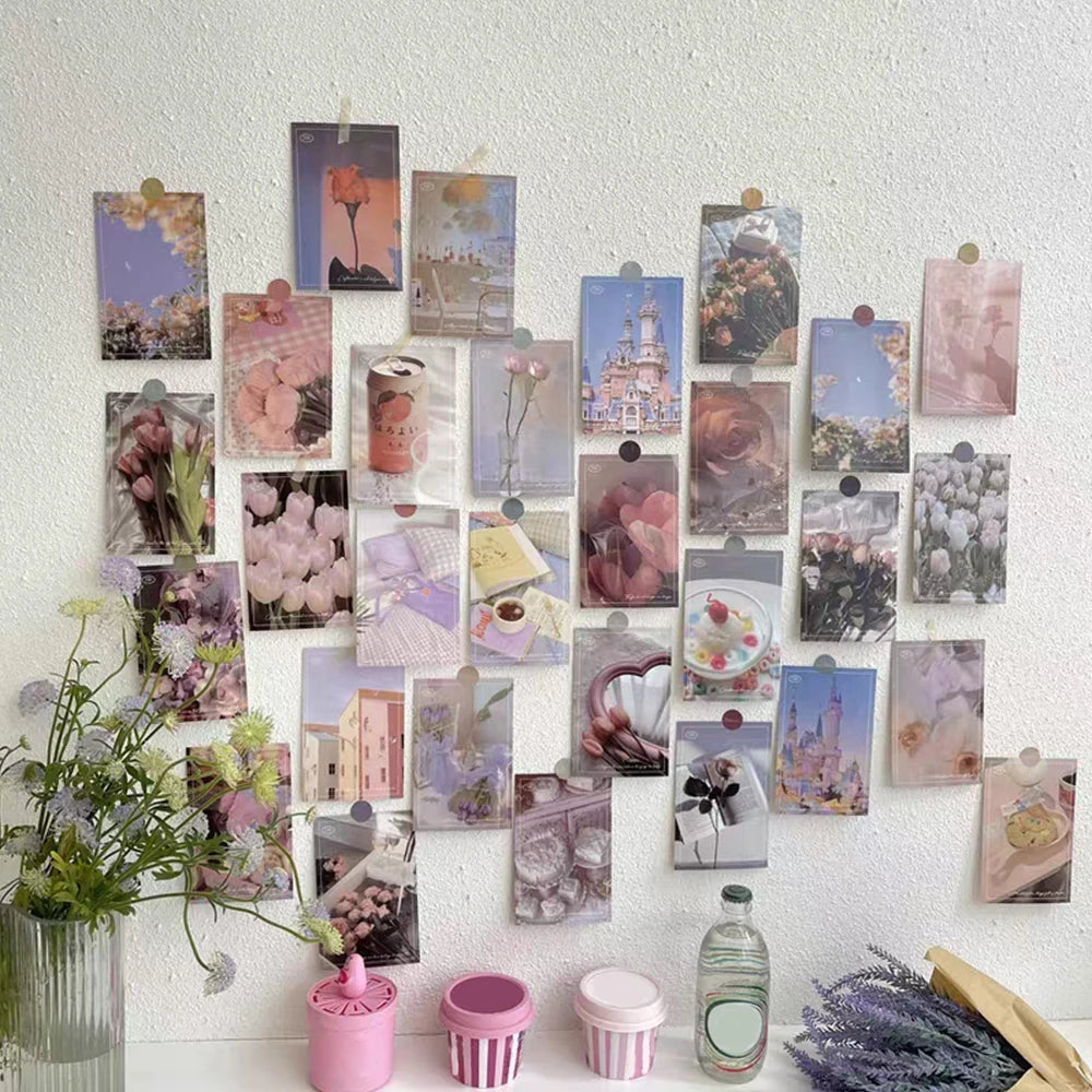 cartes postales vintage romantiques fleurs paysages objets decoratifs rose blanc gris bleu clair clips