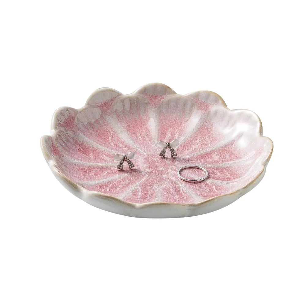 plateau bijoux céramique rose clair blanc bleu foncé motif floral moderne élégant anneaux boucles