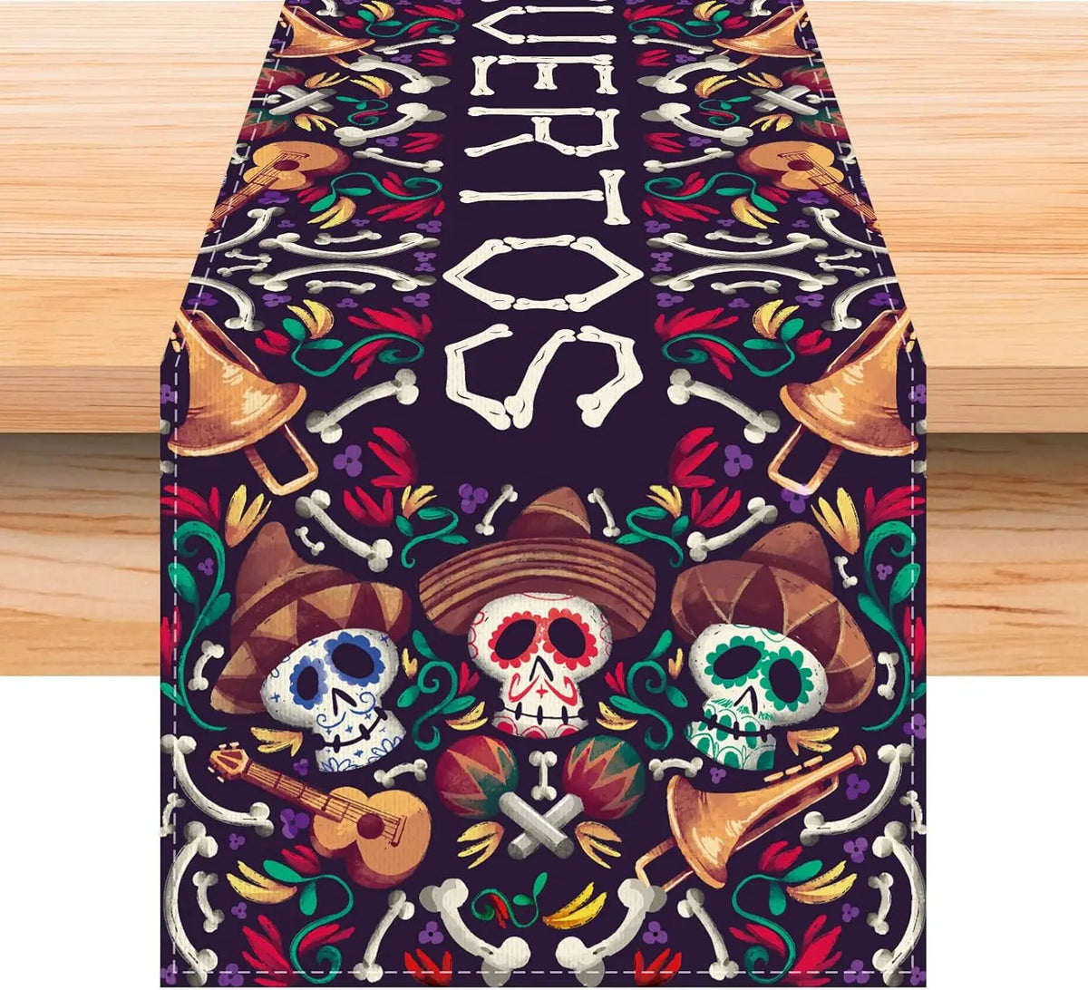 Motif coloré et vibrant avec des crânes de Dia de los Muertos, des guitares, des os et des fleurs sur un fond noir.