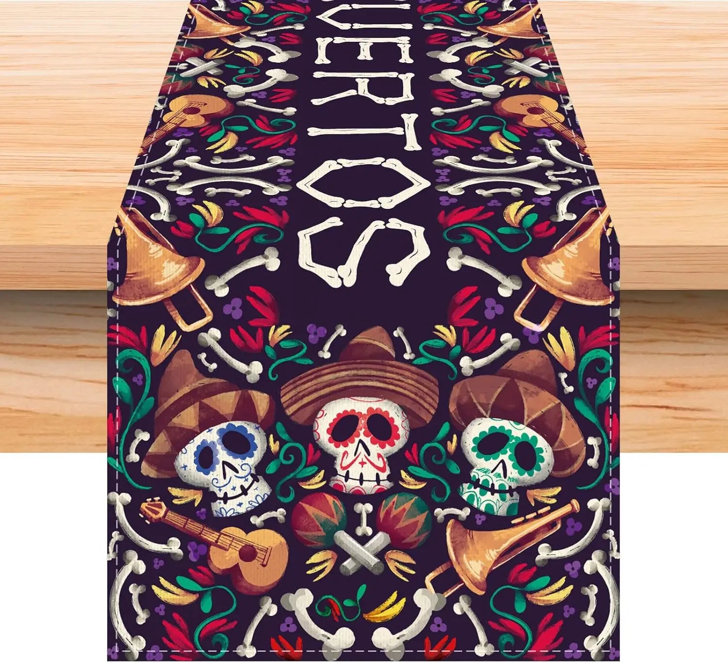 Motif coloré et vibrant avec des crânes de Dia de los Muertos, des guitares, des os et des fleurs sur un fond noir.