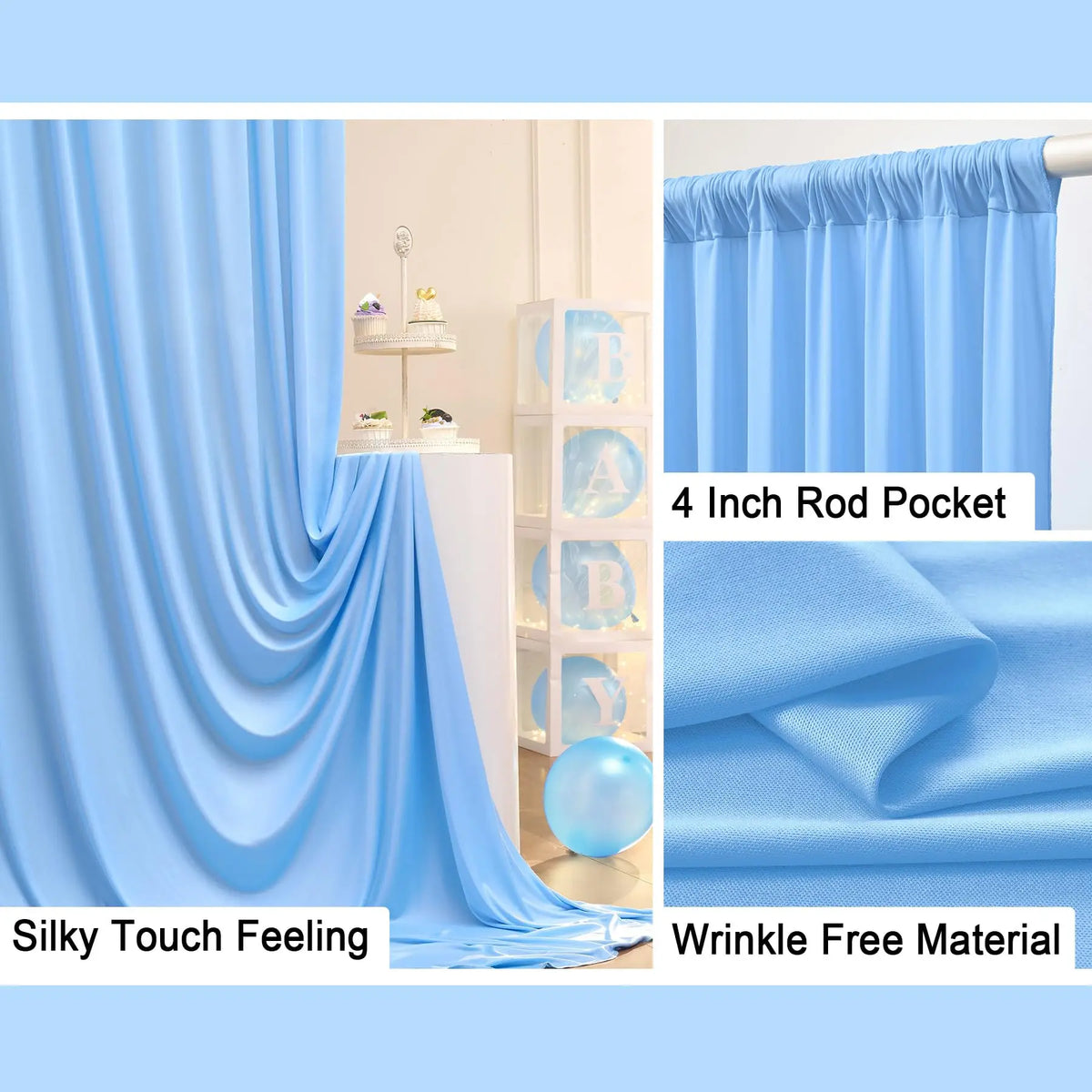 rideau bleu clair polyester moderne poignées 5ft 7ft 8ft 10ft opaque fête