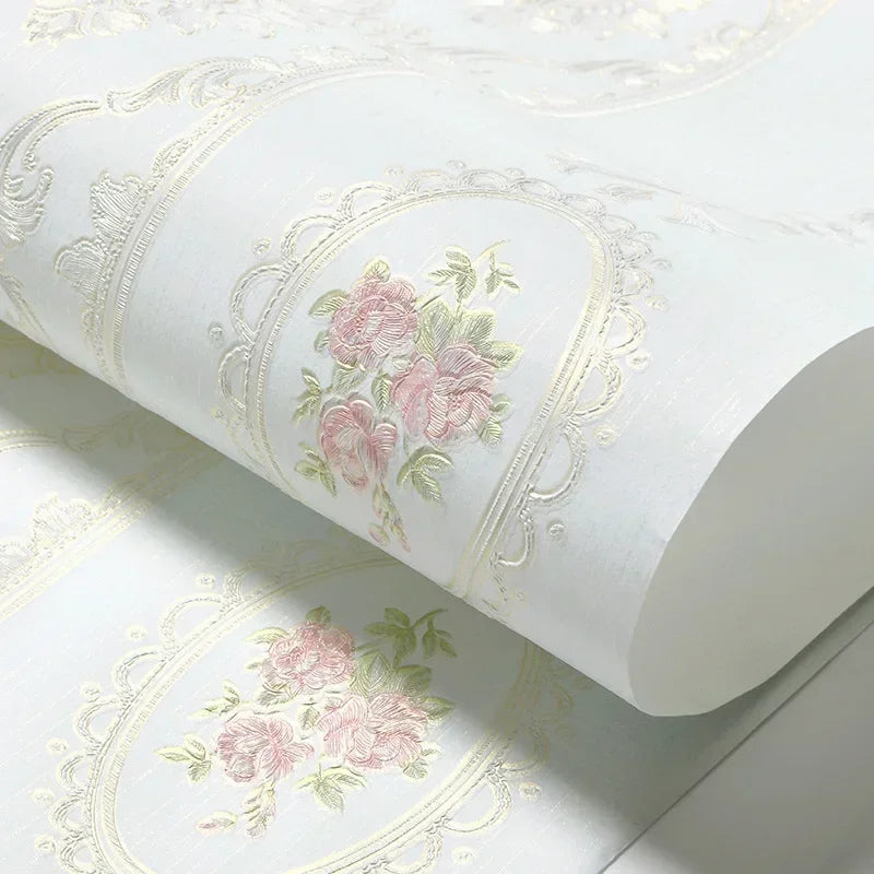 papier peint classique baroque fleurs roses beige rose clair bleu clair vertical adhésif imperméable