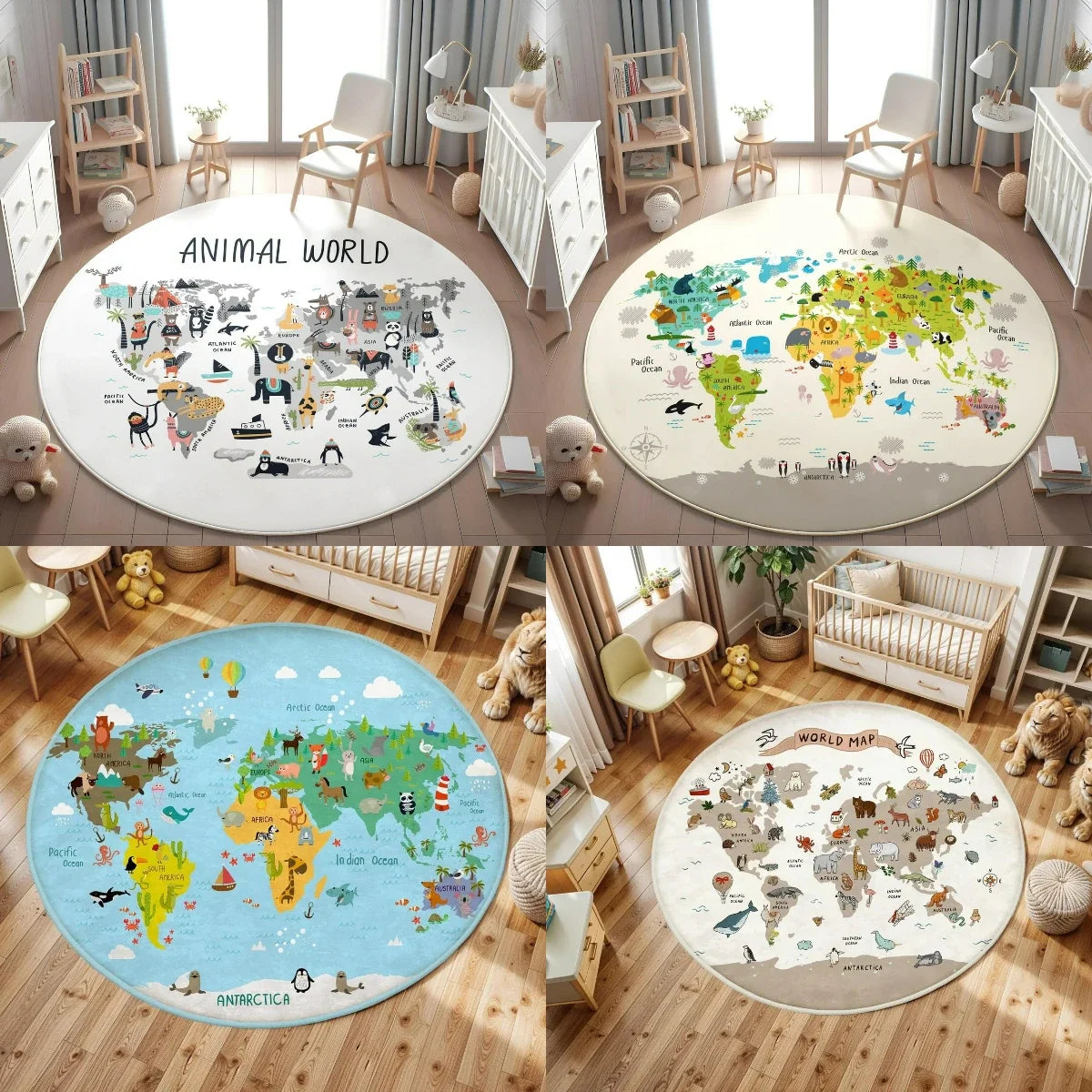 tapis moderne enfants animaux carte monde antidérapant intérieur extérieur 80x80cm 120x120cm
