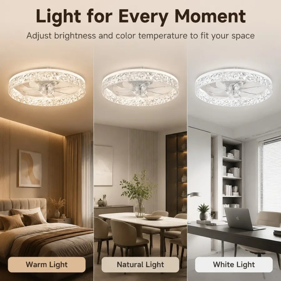 ventilateur moderne lumière led vitesses télécommande cristal blanc