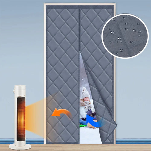 rideau porte gris quilté moderne clips magnétiques zip thermique isolation économique privacité hiver