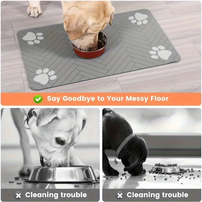 tapis nourriture chien gris rayures pattes diagonales absorbant durable deux bols alimentation