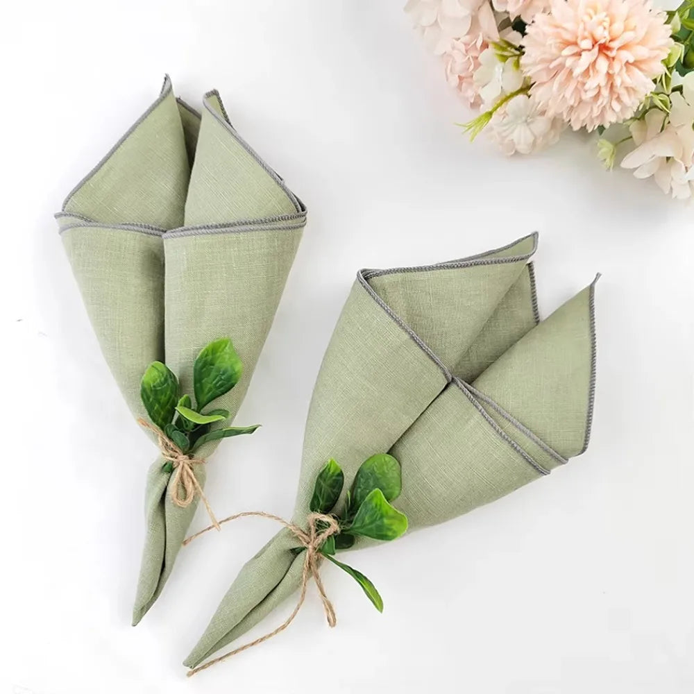 serviettes table blanc vert marron rayures classiques ruban coton fleur artificielle lavables cuisine