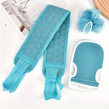 brosse bain moderne gant serviette bleu texture hexagonale set bain trois pièces