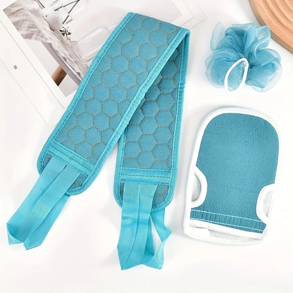 brosse bain moderne gant serviette bleu texture hexagonale set bain trois pièces