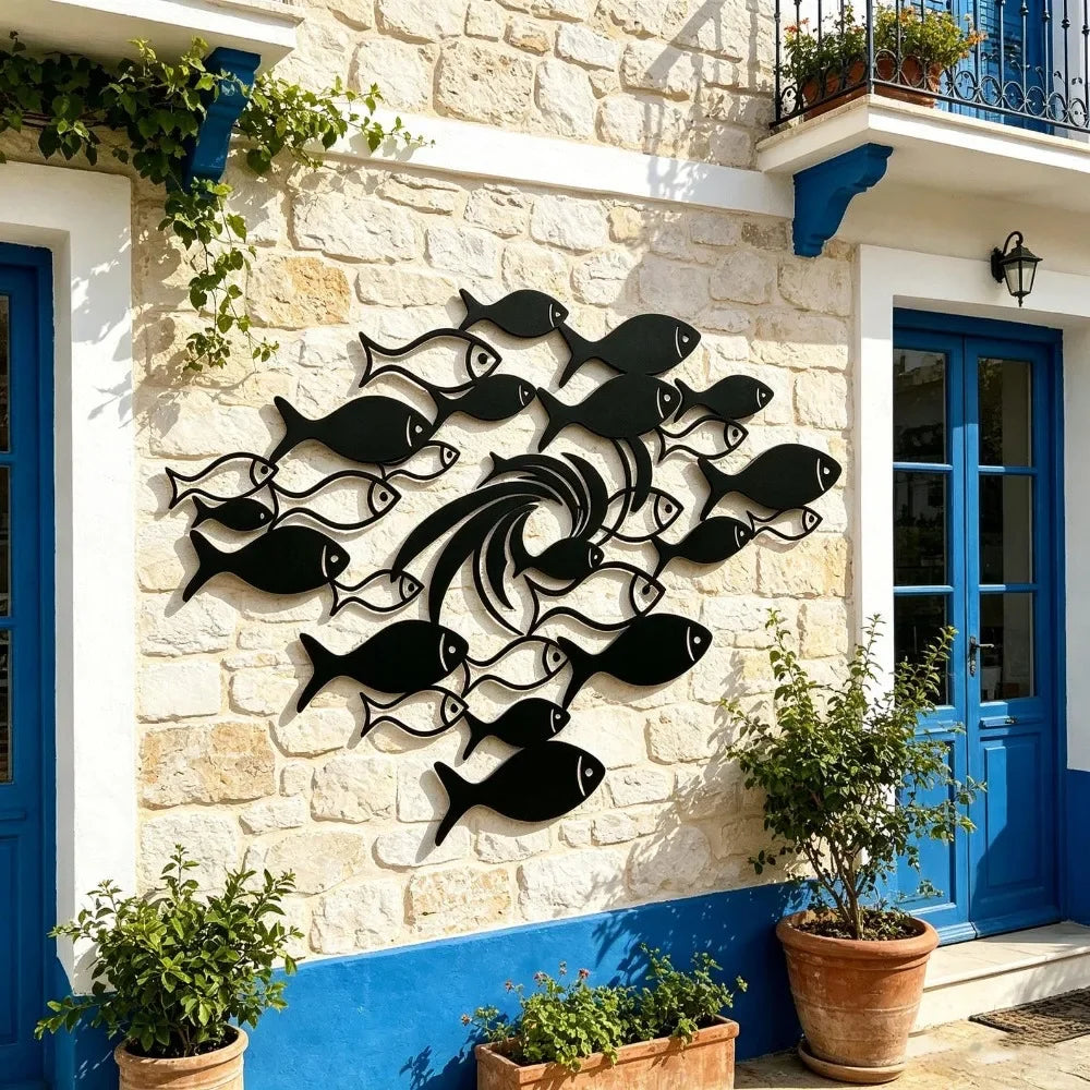 décoration murale sculpture poissons stylisés noir moderne intérieur original thème marin unique fraîcheur