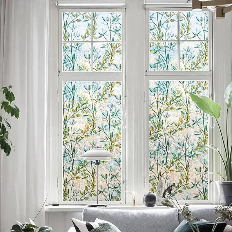 film décoratif fenêtre feuilles vertes moderne protection uv isolation thermique adhésif auto collant versatile