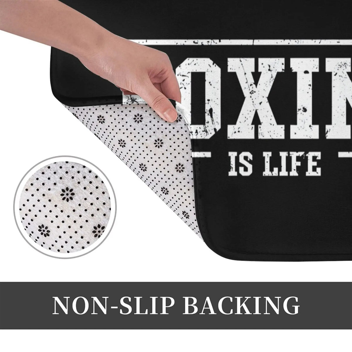 tapis sol noir boxing is life lettres blanches moderne antidérapant polyester 60x90cm