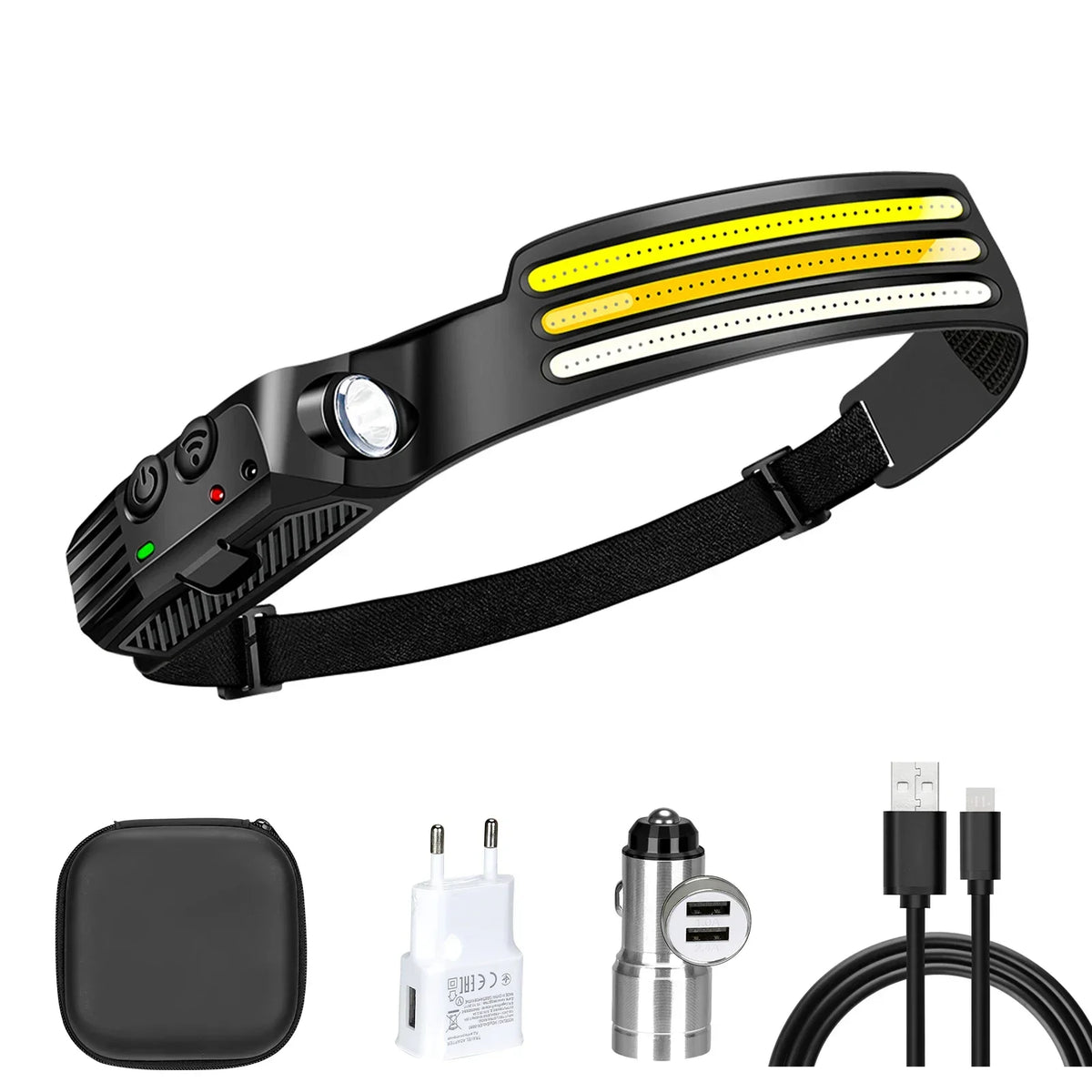 lampe frontale rechargeable led noir jaune blanc rayures moderne compact ceinture camping