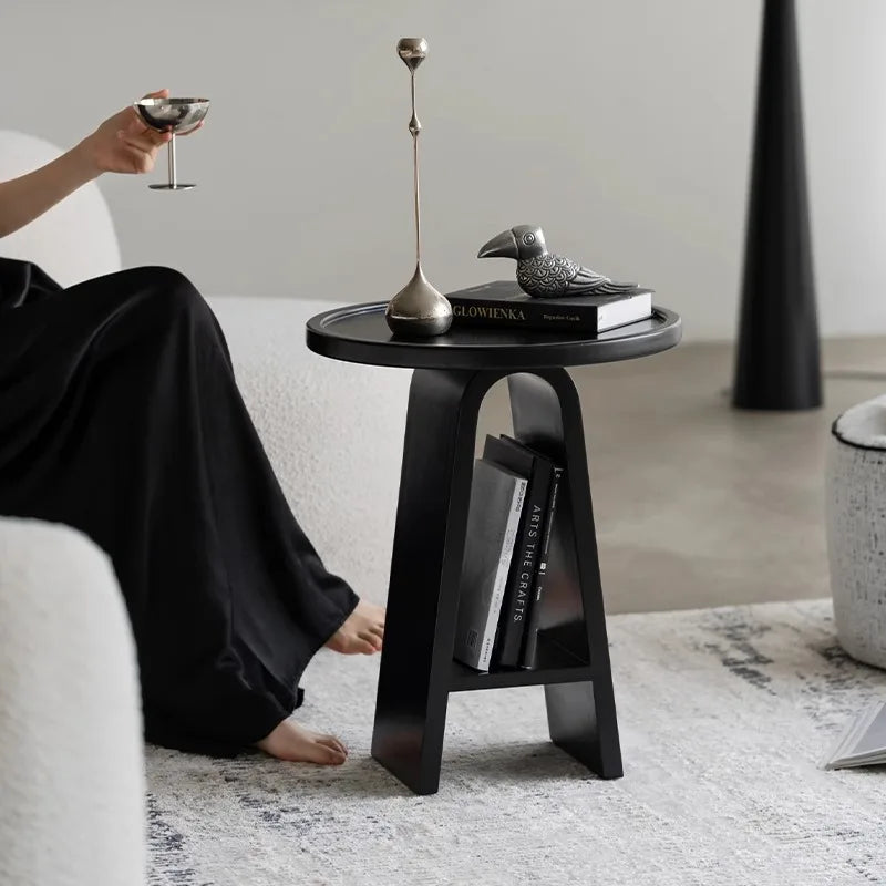 table d'appoint moderne minimaliste bois ronde hauteur 56cm diamètre 41cm noir blanc pink