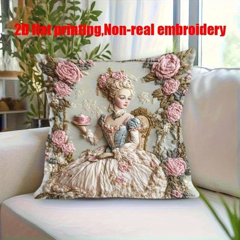coussin vintage floral bleu clair beige rose pâle brodé femme assise polyester contemporain machine