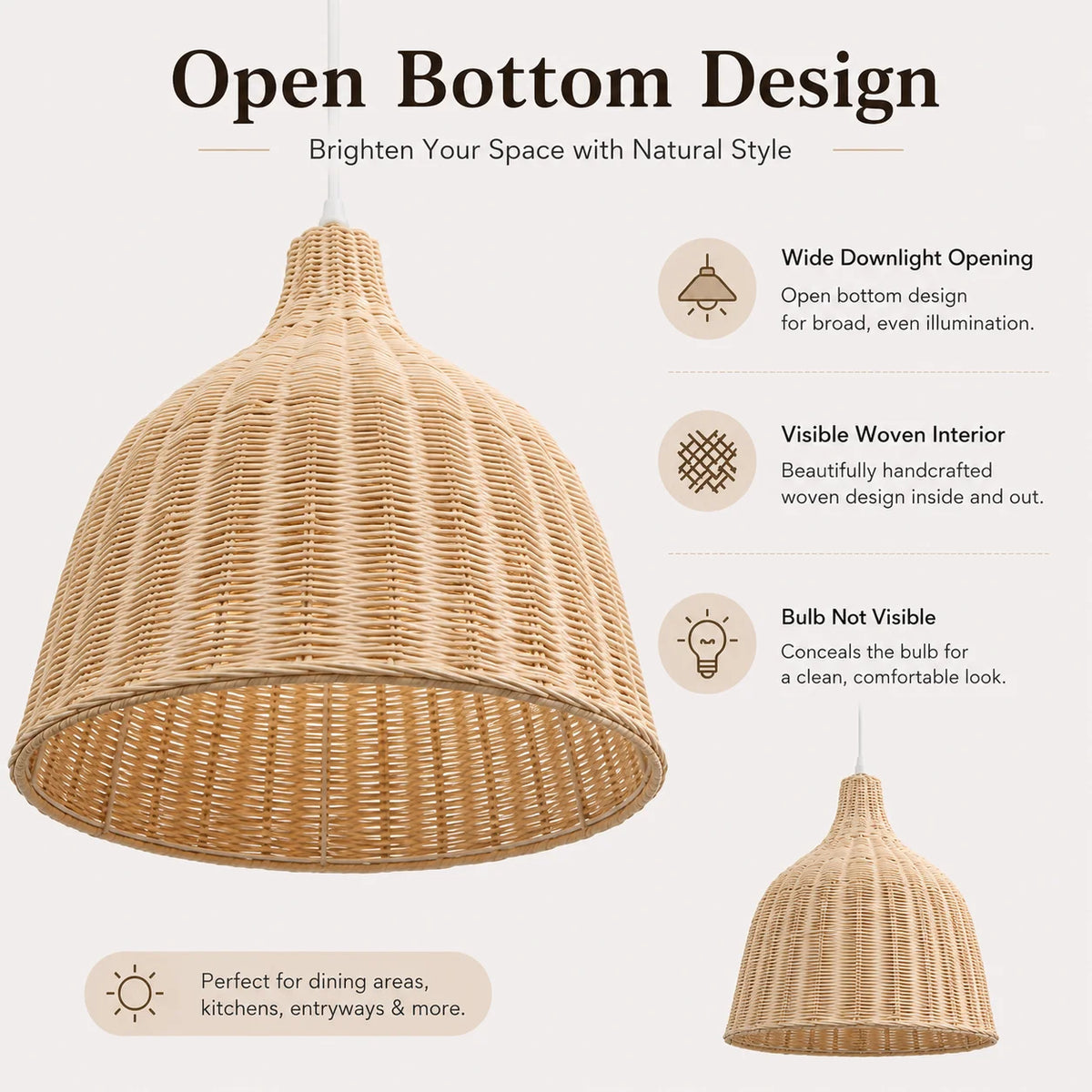 suspension tressée bambou moderne cordon beige clair 3000k 6000k 26cm 35cm 45cm