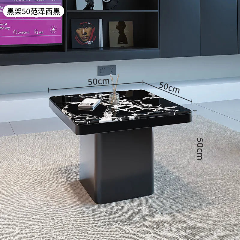 table basse carrée salon minimaliste marbre noir blanc tiroir métal solide