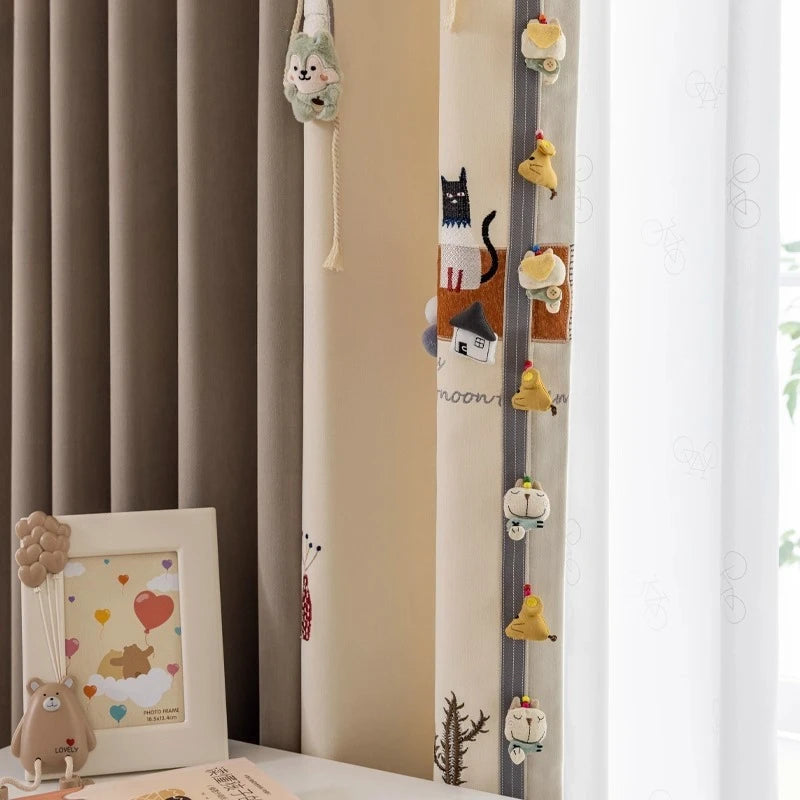 rideau occultant enfant motif chat oiseau beige moderne décoration chambre bébé fille garçon maison