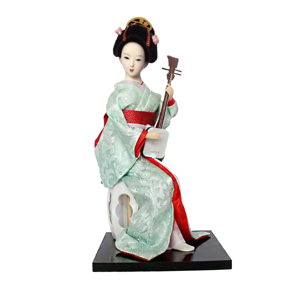 poupée japonaise geisha argile broderie florale motifs géométriques accessoires traditionnels blanc rouge vert bleu