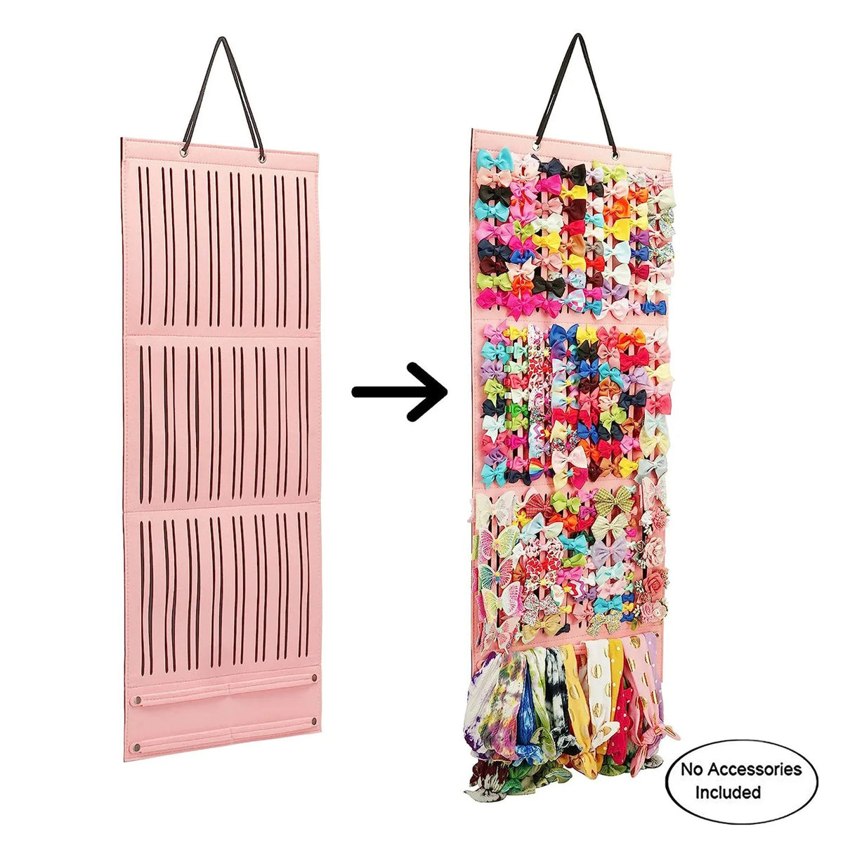 organisateur suspendu bows rangement tête rubans headbands rose noir tissu texturé vertical compartments