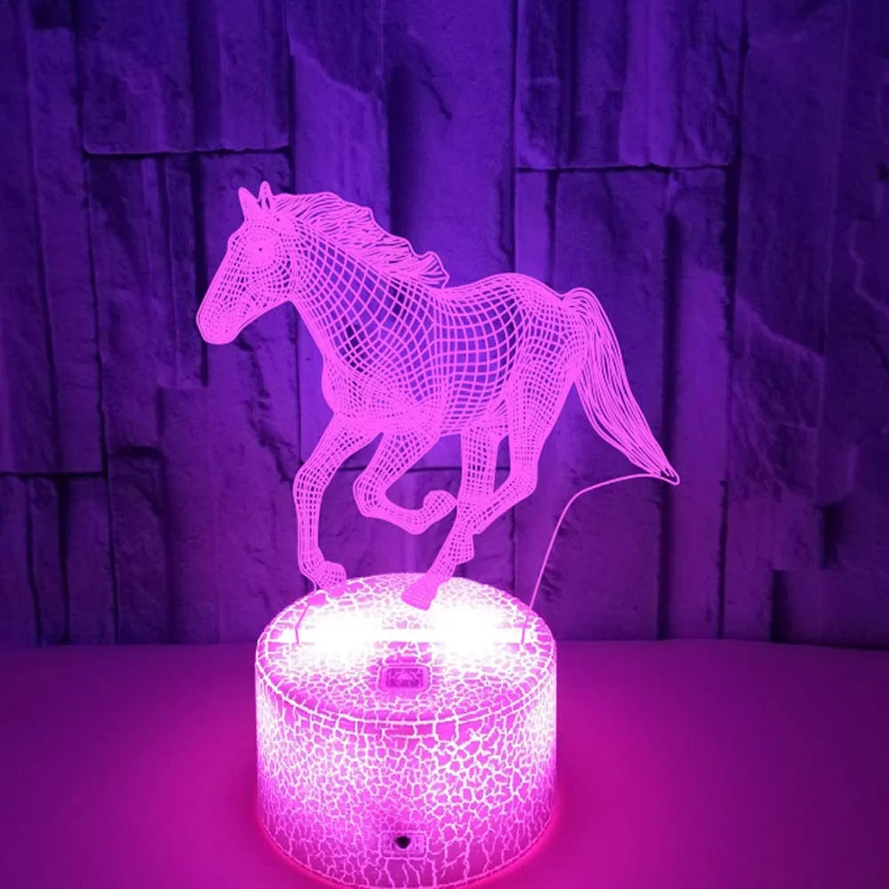 lampe led 3d effet illusion cheval veilleuse diy blanc réseau lignes noires moderne base