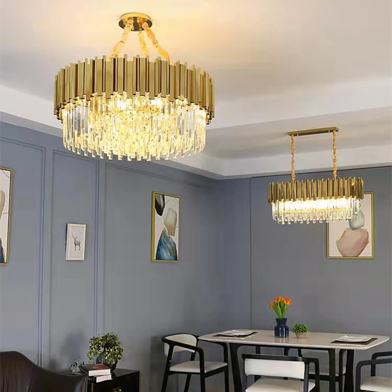 Suspension lumineuse moderne dorée pendants transparents barres rayonnantes salon élégant