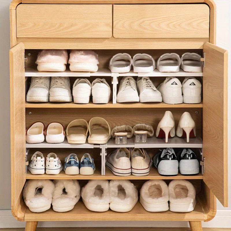 rangements étagères pliables blancs moderne assiettes bols chaussures baskets organisateur vaisselle placards vis fixations