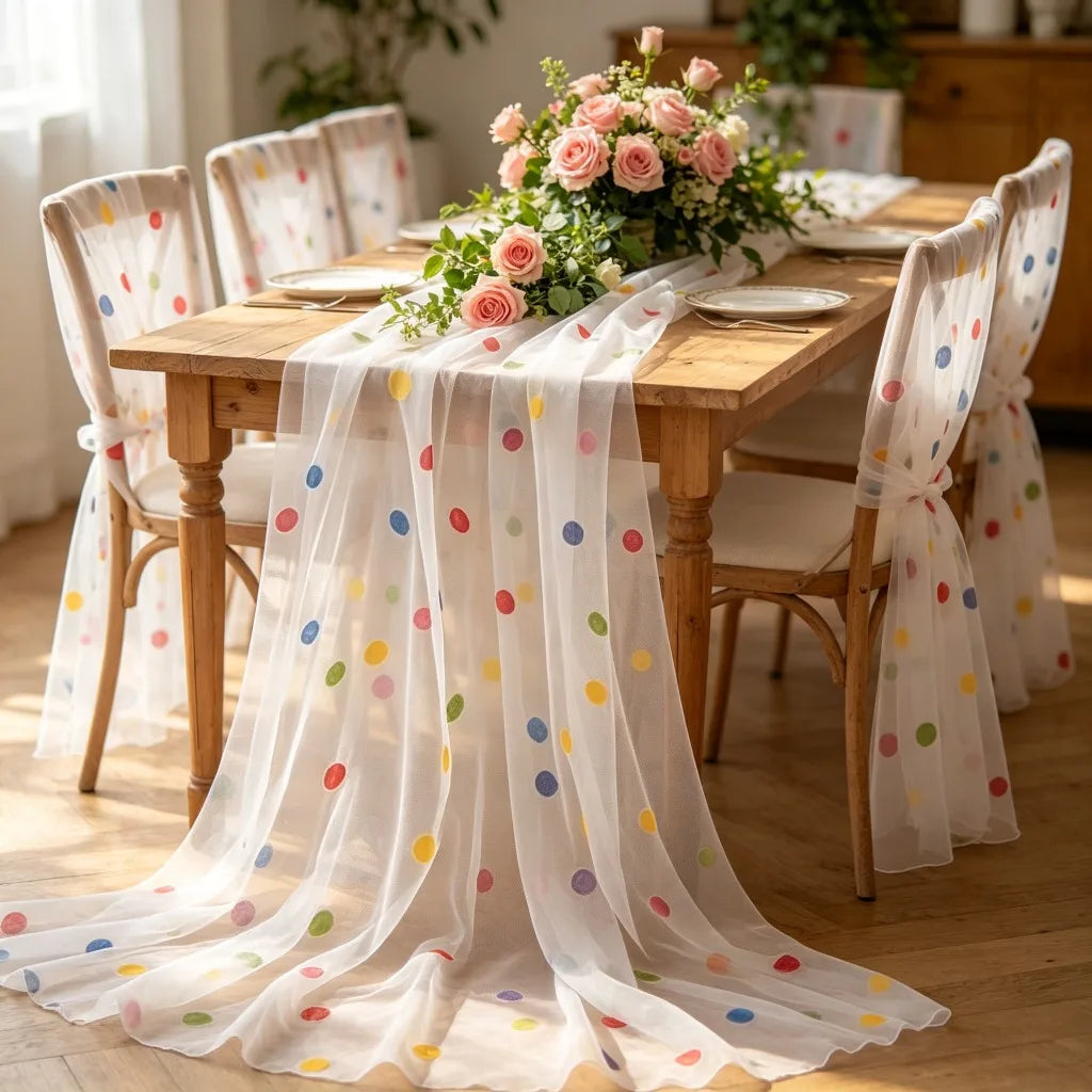 nappe tulle pois colorés transparente table festive mariage anniversaire fete thème carnavalesque