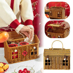 panier tressé maisonnette forme traditionnelle marron clair ouvertures fenêtres poignée arc