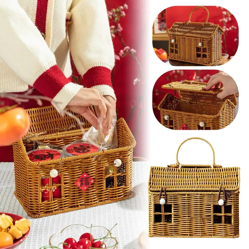 panier tressé maisonnette forme traditionnelle marron clair ouvertures fenêtres poignée arc