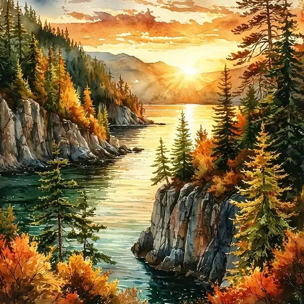 tableau diamant paysage naturel arbres rochers lac coucher soleil réaliste vert bleu orange jaune