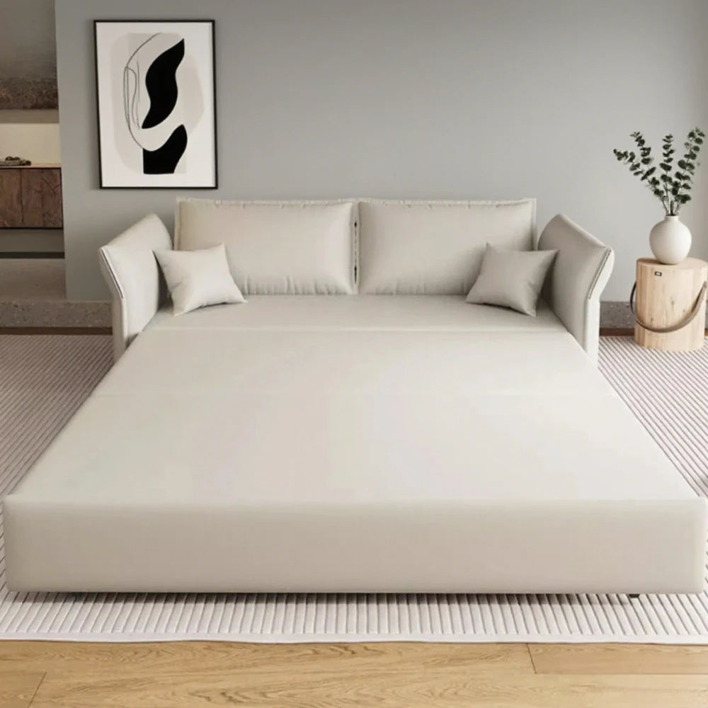canapé lit pliable moderne canapé beige uni matelas coussins poches bois composite minimaliste chambre