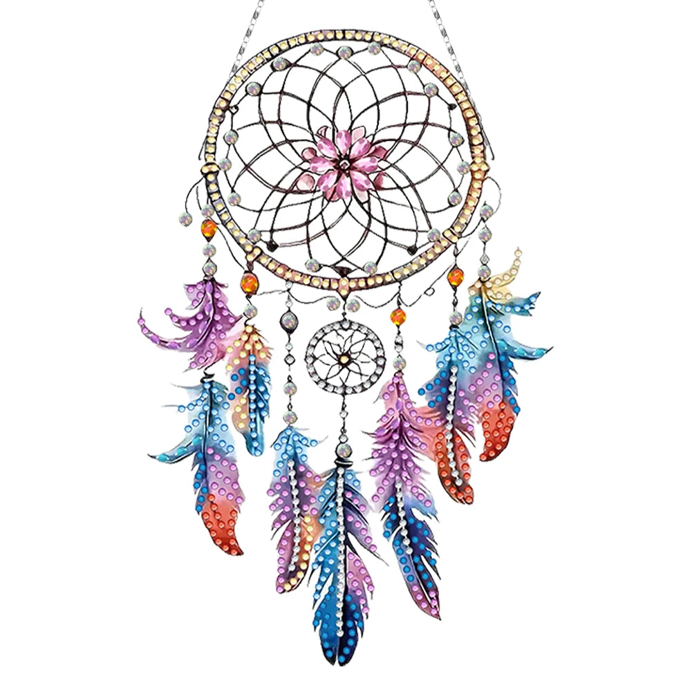 attrape rêves boho plumes fleurs violet bleu rose or pendaison décoration intérieure artisanal