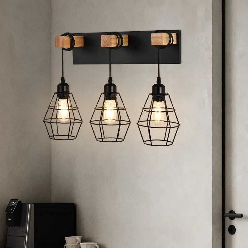 applique murale industrielle triple ampoule noir bois clair vintage mur trois lumières